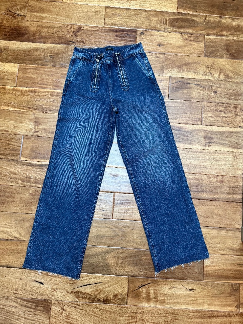 Express High Waisted Dark Wash Double Zipper Raw Hem Wide Leg Jeans